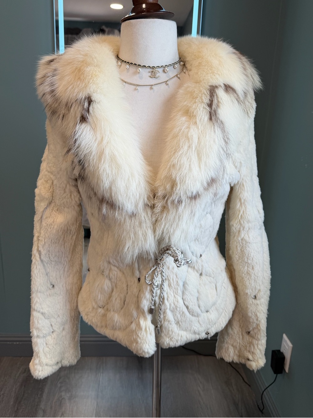 Vintage White Rabbit Fur Jacket Fox Fur Collar Y2K XS S